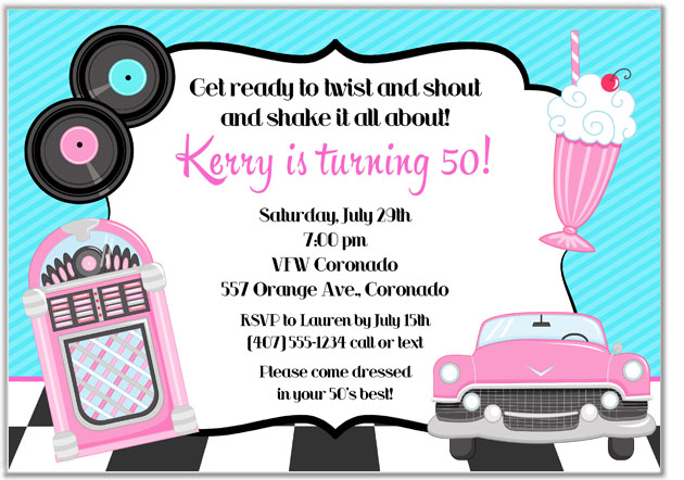 50s Theme Birthday Party Invitations.