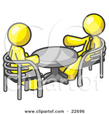 Clipart Illustration of Two Yellow Business Men Sitting Across.