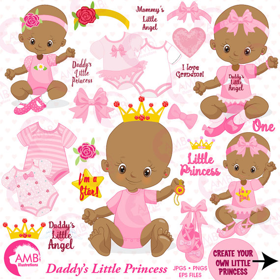 Baby Girl clipart, African American, Little Princess Clipart.