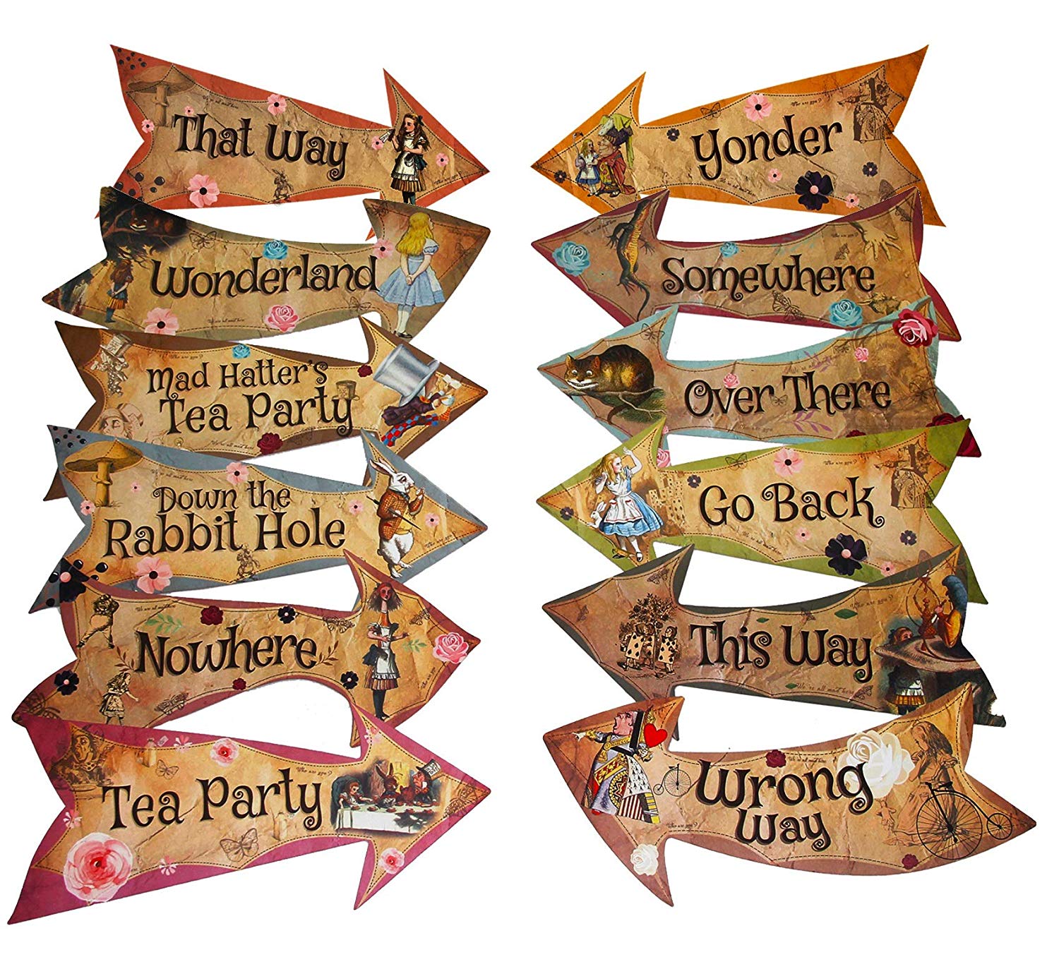 Alice in Wonderland Party Vintage Style Arrow Signs / Mad Hatters Tea Party  Props Pack of 12 Signs.