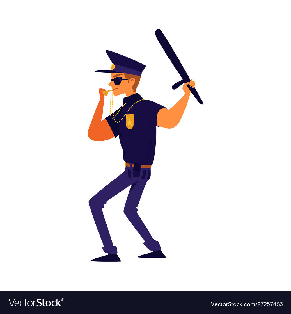 Cartoon policeman in blue uniform blowing a.