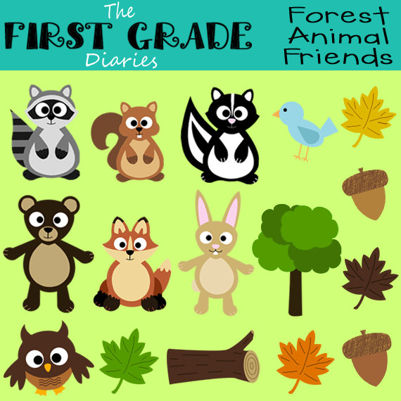 Forest Animal Friends Digital Clip Art Woodland Squirrel Bear Rabbit.