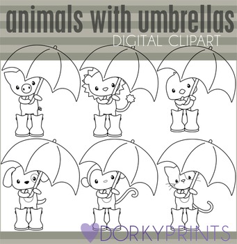 Animals with Umbrellas Black Line Clip Art.