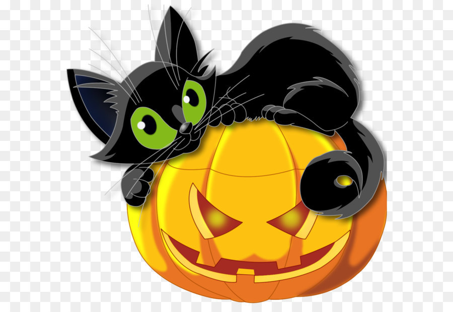 Large Transparent Halloween Pumpkin With Black Cat Clipart.