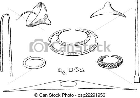 Clipart Vector of Indian antiquities, Objects gold found in tombs.