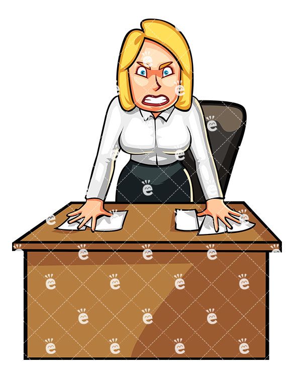 Angry Business Woman Standing Angrily Behind Her Desk.