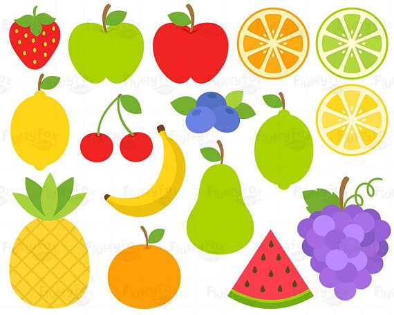 Fruits Clipart, Fruit Clip Art, Grape Banana Pear Pineapple.