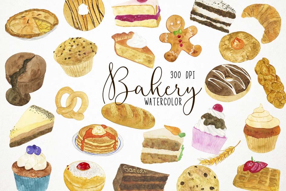 Watercolor Bakery Clipart, Bakery Clip Art, Pastries Clipart.