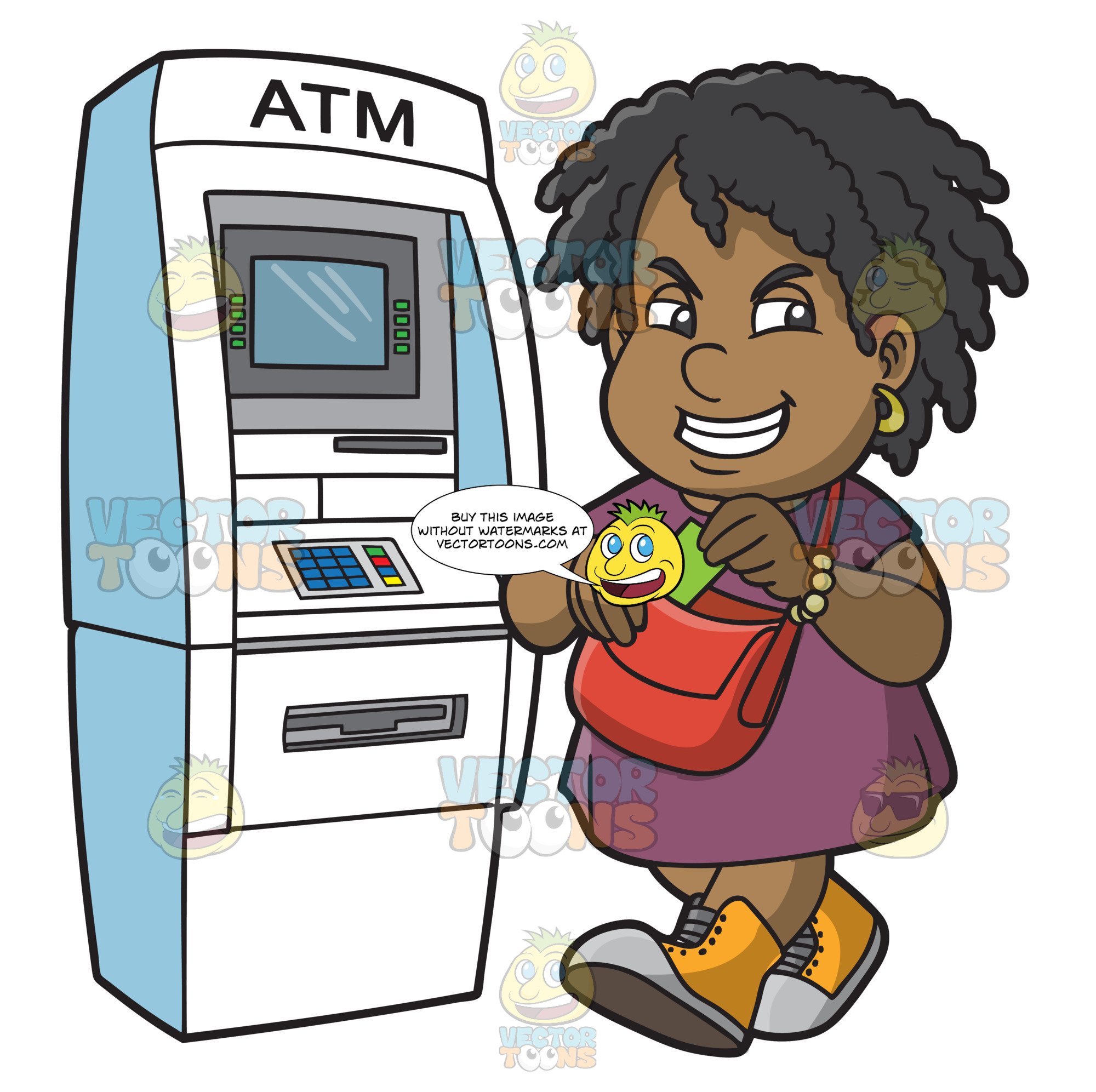 A Happy Black Woman Getting Cash From The Atm.