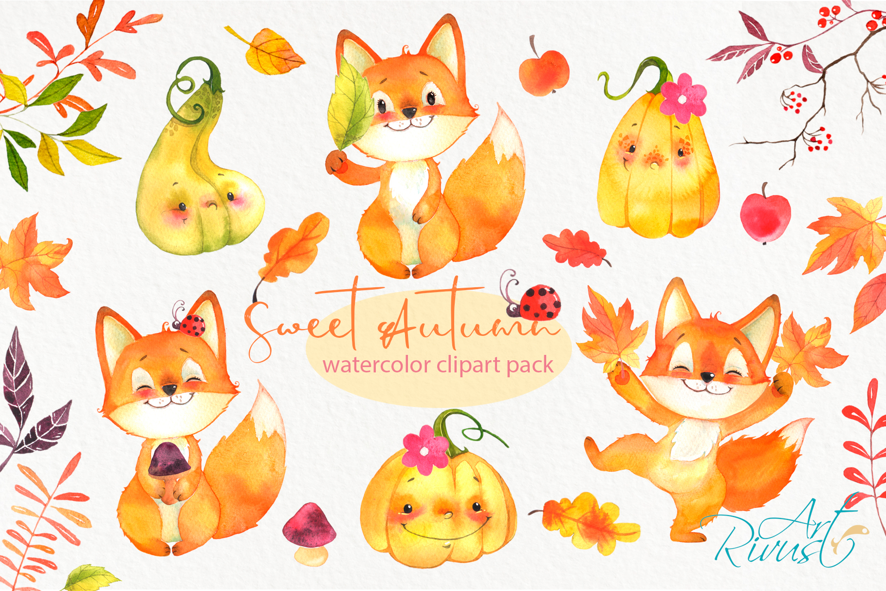 Cute Fall watercolor clipart Forest baby animals clip art..