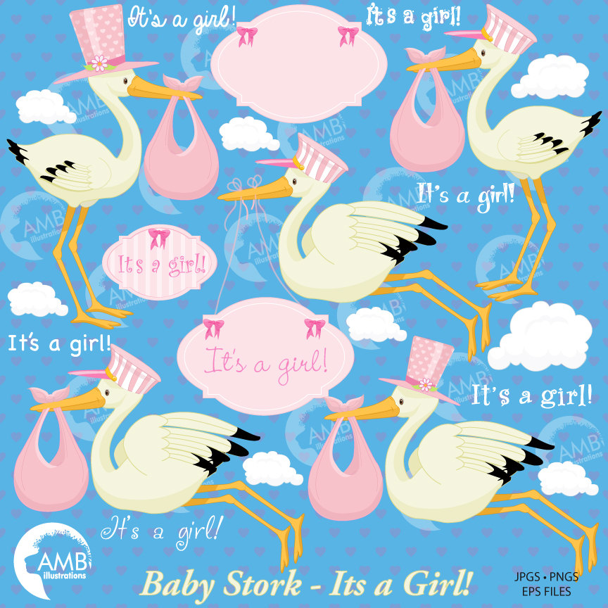 Baby Clipart, Stork Clipart, Baby Girl Shower Clipart, New Baby Clipart,  Its a Girl Clipart, Baby Pink Storks, AMB.