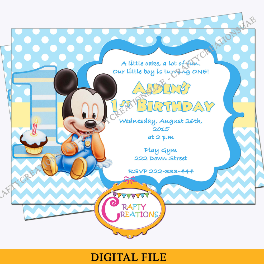 Baby Mickey Mouse First Birthday Invitation, Mickey Mouse 1st Birthday  Party Invite.