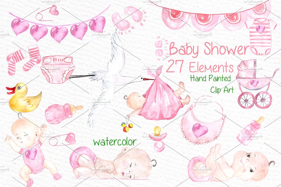 Watercolor baby shower girl clipart.