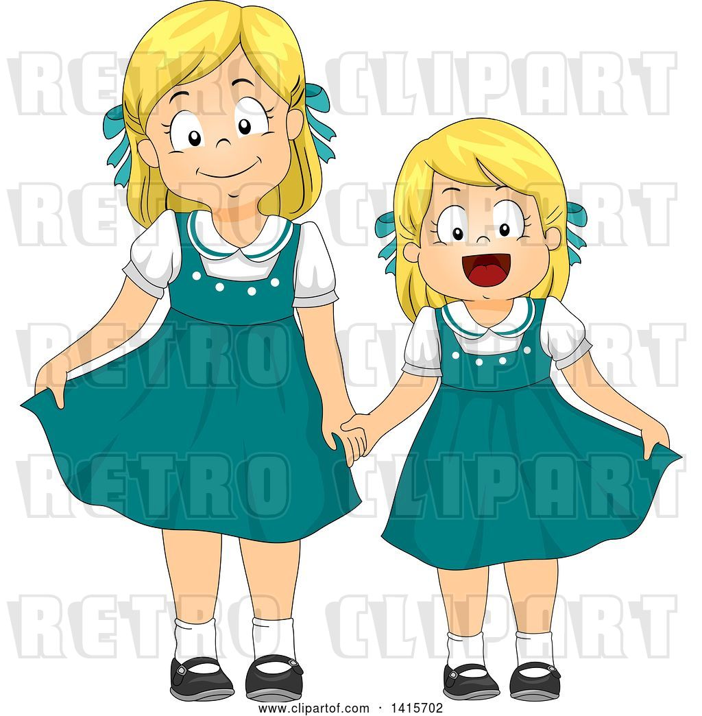 Vector Clip Art of Retro Blond White Girl and Little Sister.