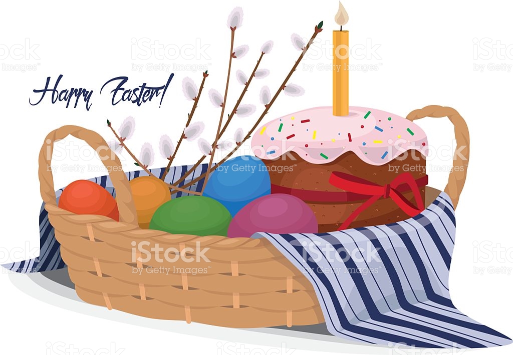 Easter Basket Cupcake Cake Willow Colored Eggs stock vector art.