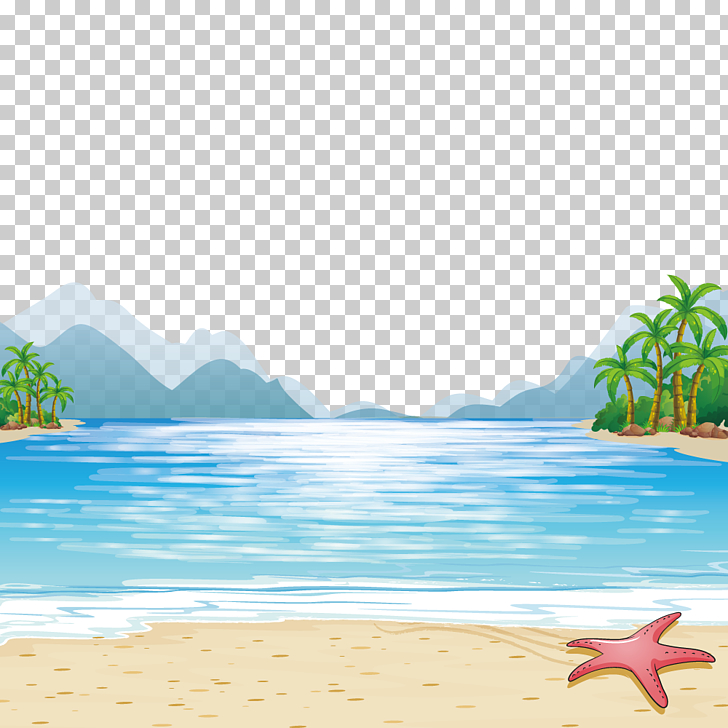 Child Beach Illustration, sea mountains, starfish at beach.