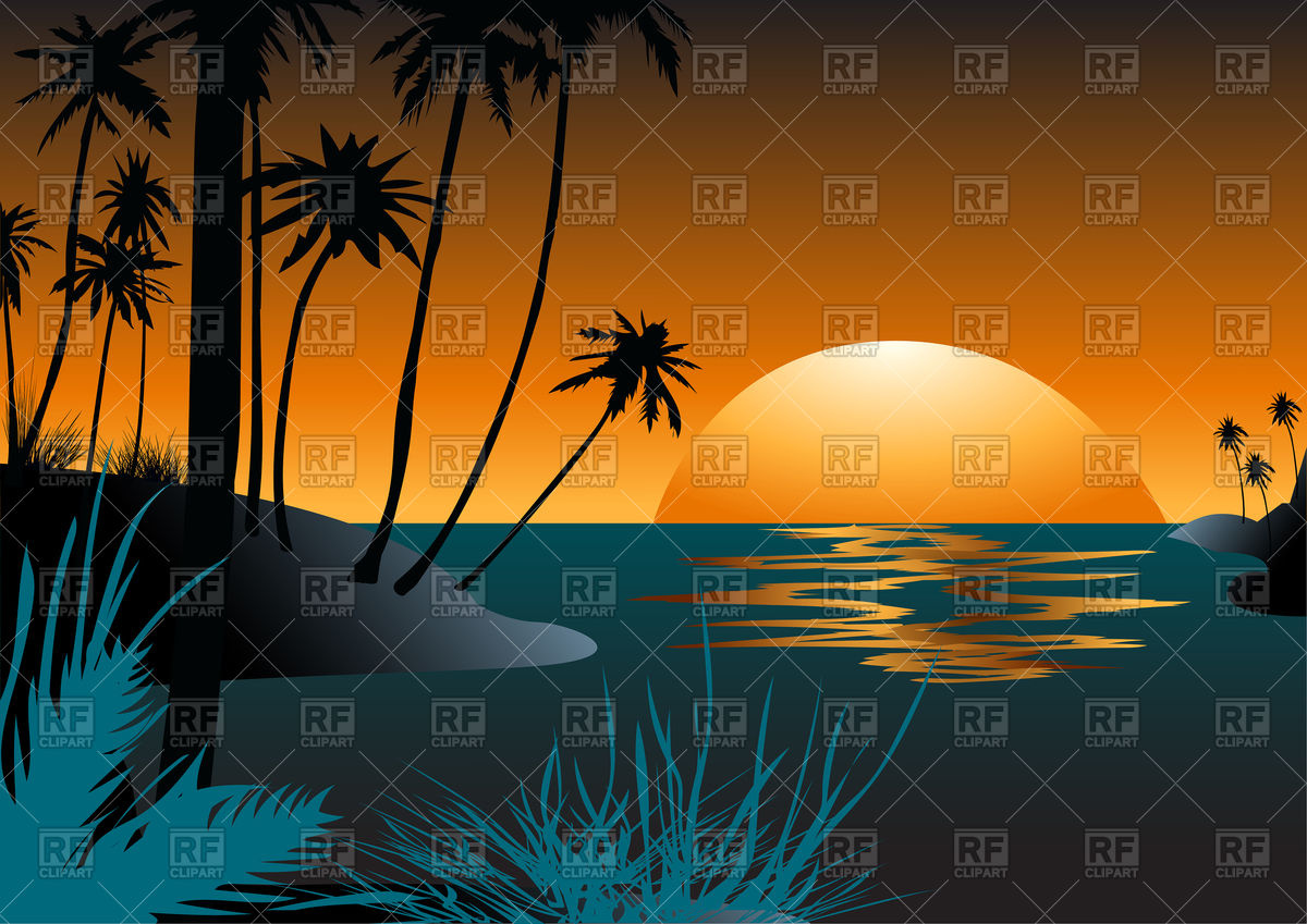 Hawaiian beach with palm trees at sunset Stock Vector Image.