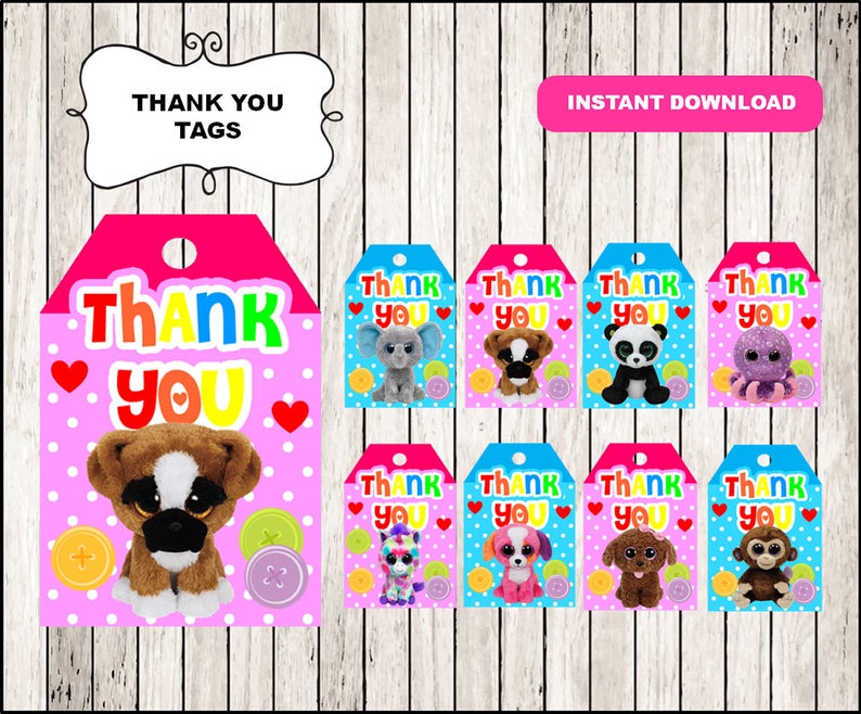 Beanie Boo thank you tags instant download, Printable Beanie Boo party  thank you tags, Beanie Boo tags.