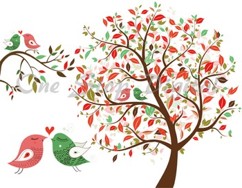 Love Bird Clip Art Tree Clipart Branch Heart Bird Element Red and Green  Birds.