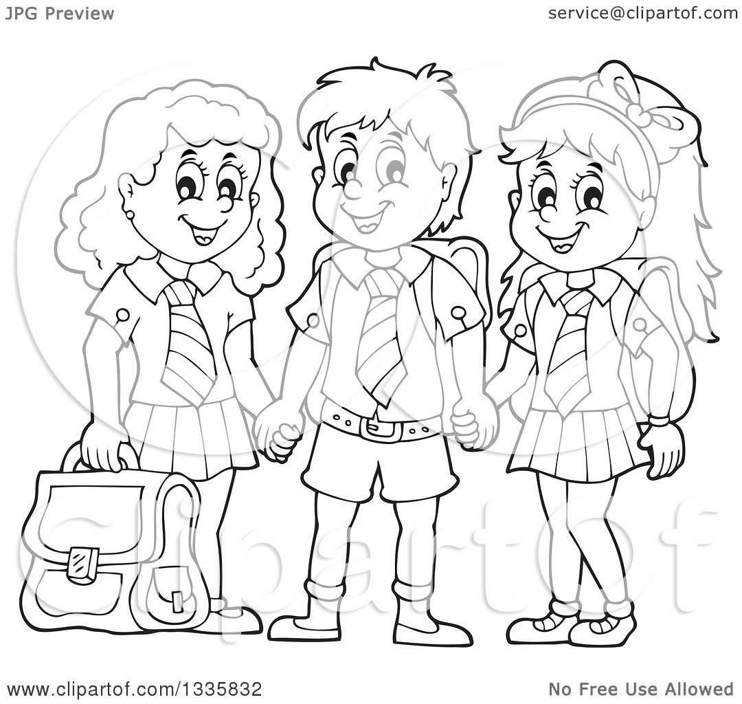 Clipart of Cartoon Black and White Happy School Children Wearing.