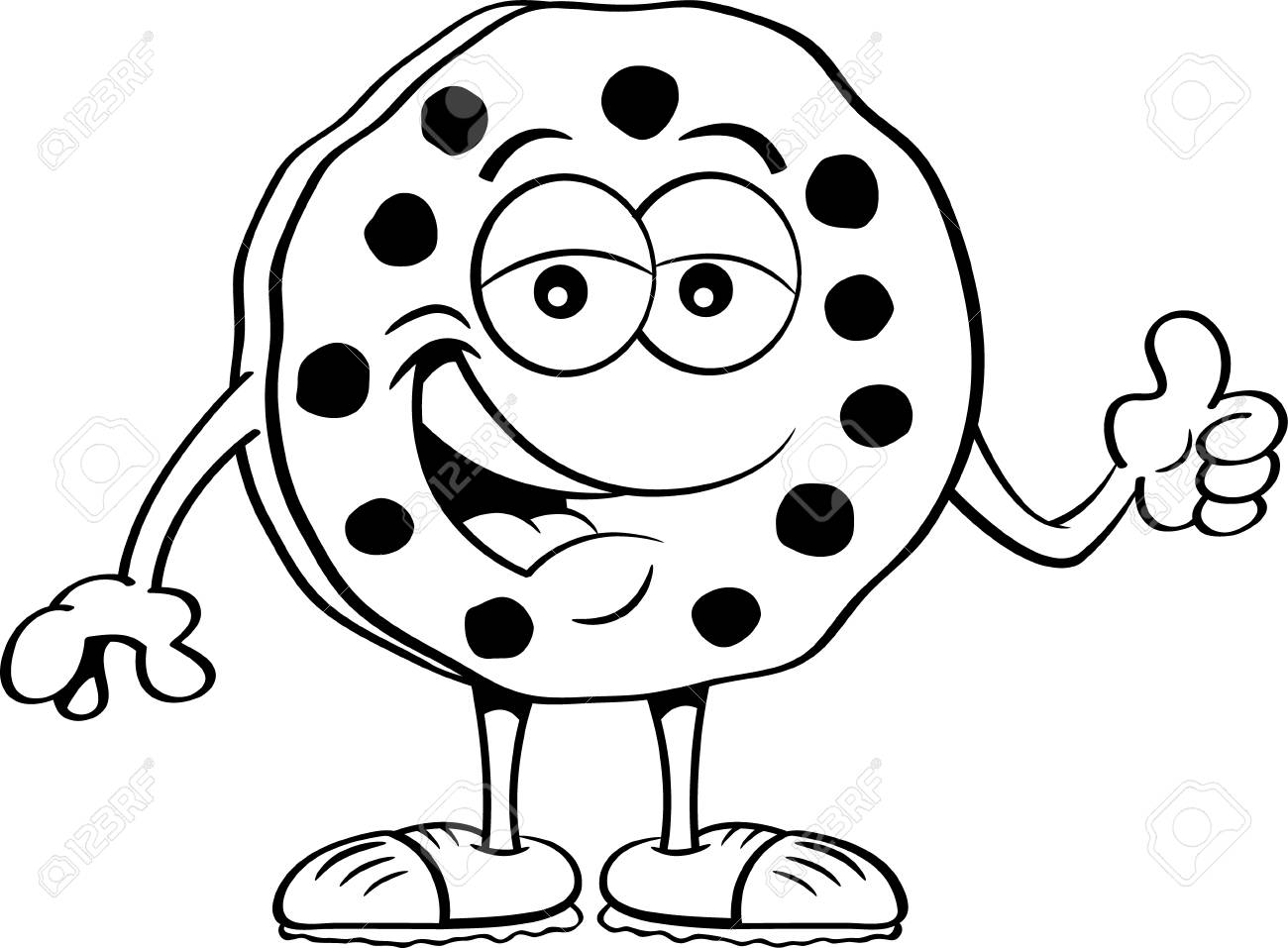 Black and white illustration of a chocolate chip cookie giving...