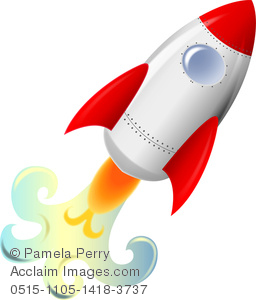 Clip Art Image of a Cute Rocketship Blasting Off.