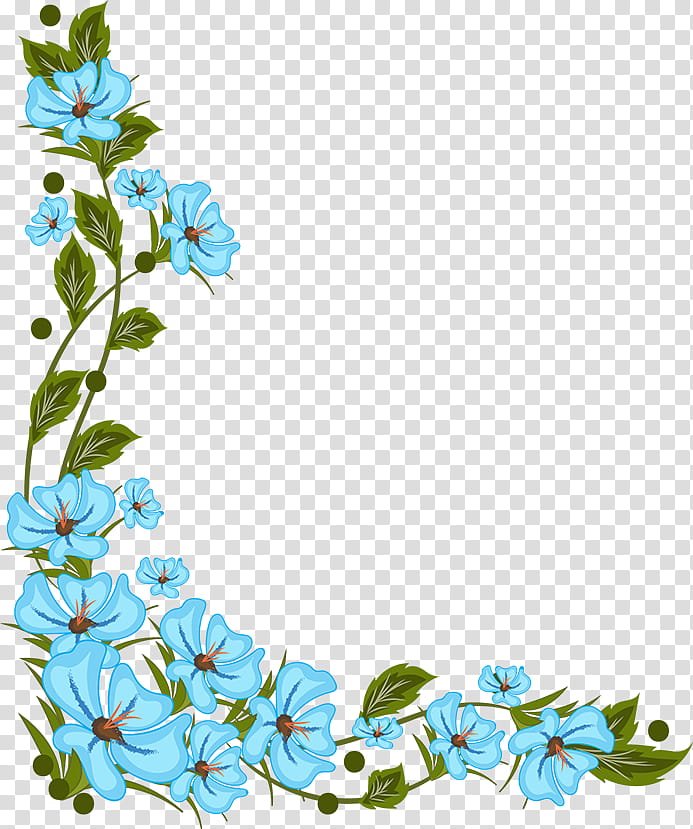 Flowers Corners, blue floral frame template transparent.