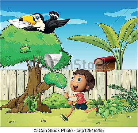 Clipart Vector of A boy catching the bird with an envelope.