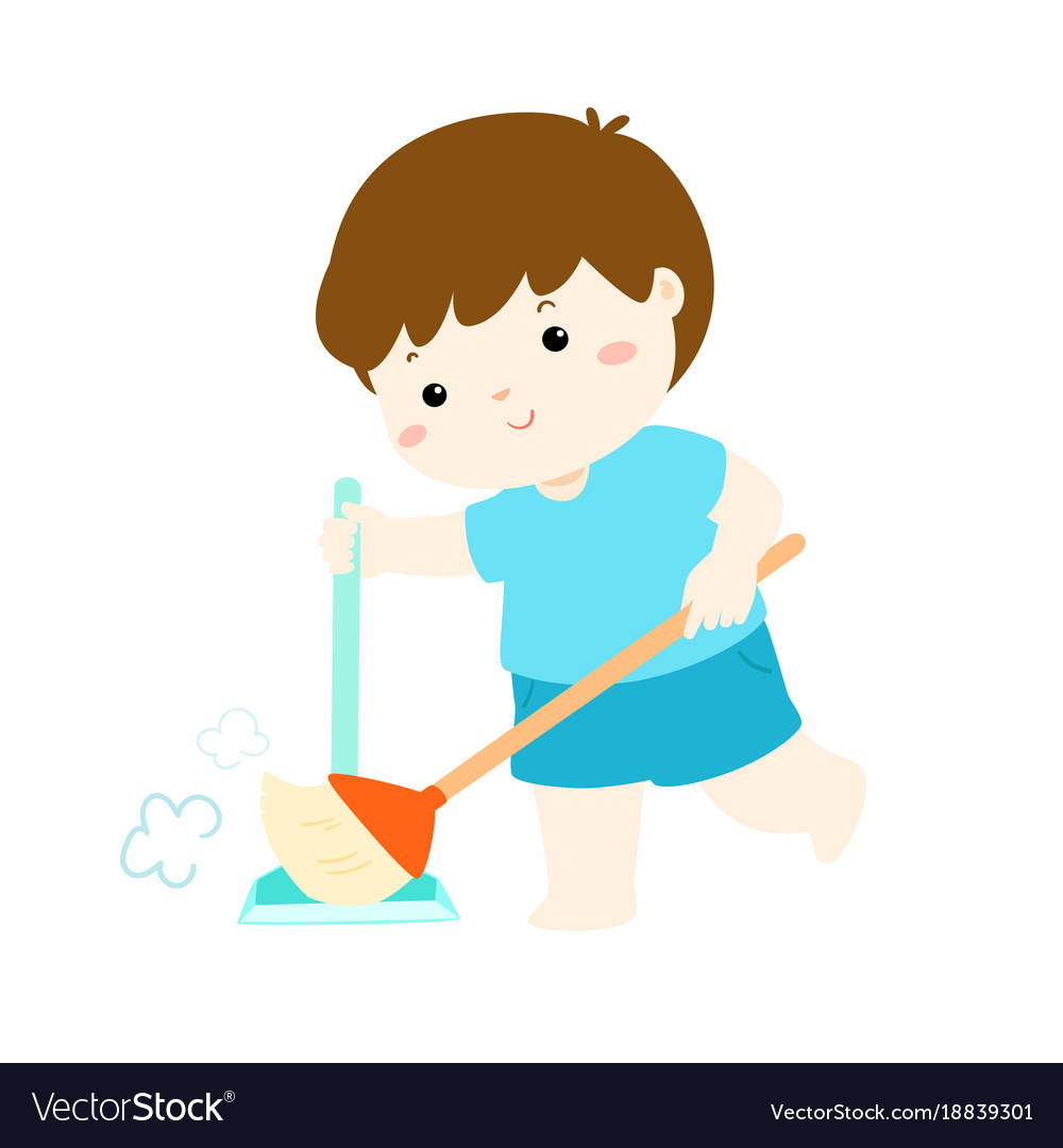 Cute boy sweeping the dust on a white background vector image.