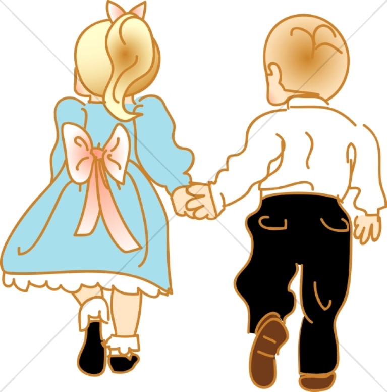 Little Girl and Boy Walk Hand in Hand.