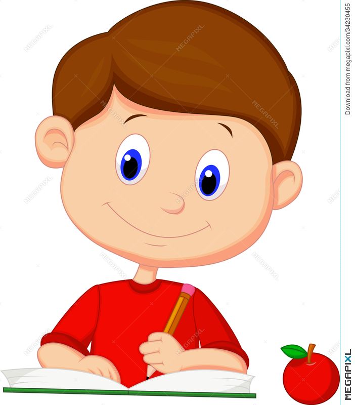 Cute cartoon boy writing on a book.