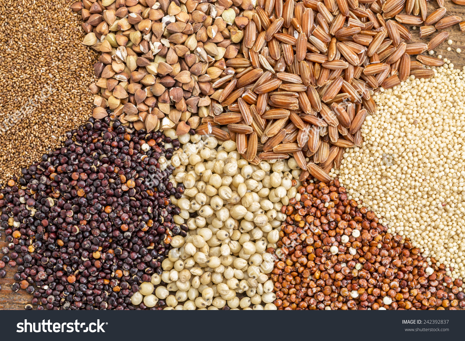 Variety Gluten Free Grains Buckwheat Amaranth Stock Photo.