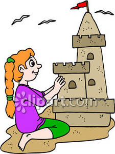 Girl Building a Sand Castle on the Beach Royalty Free Clipart Picture.