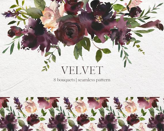 Velvet Bordo Pink Watercolor Floral Bouquets Clipart Burgundy Red Pink  Flowers PNG Arrangements Wedding Clip Art Wine Colors Indigo Pattern.