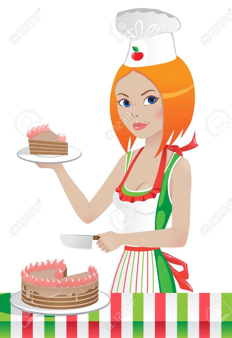 cute girl in a chef's hat cuts the cake.