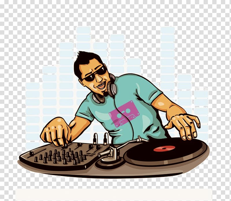 Man plying DJ mixer illustration, Disc jockey DJ mixer.