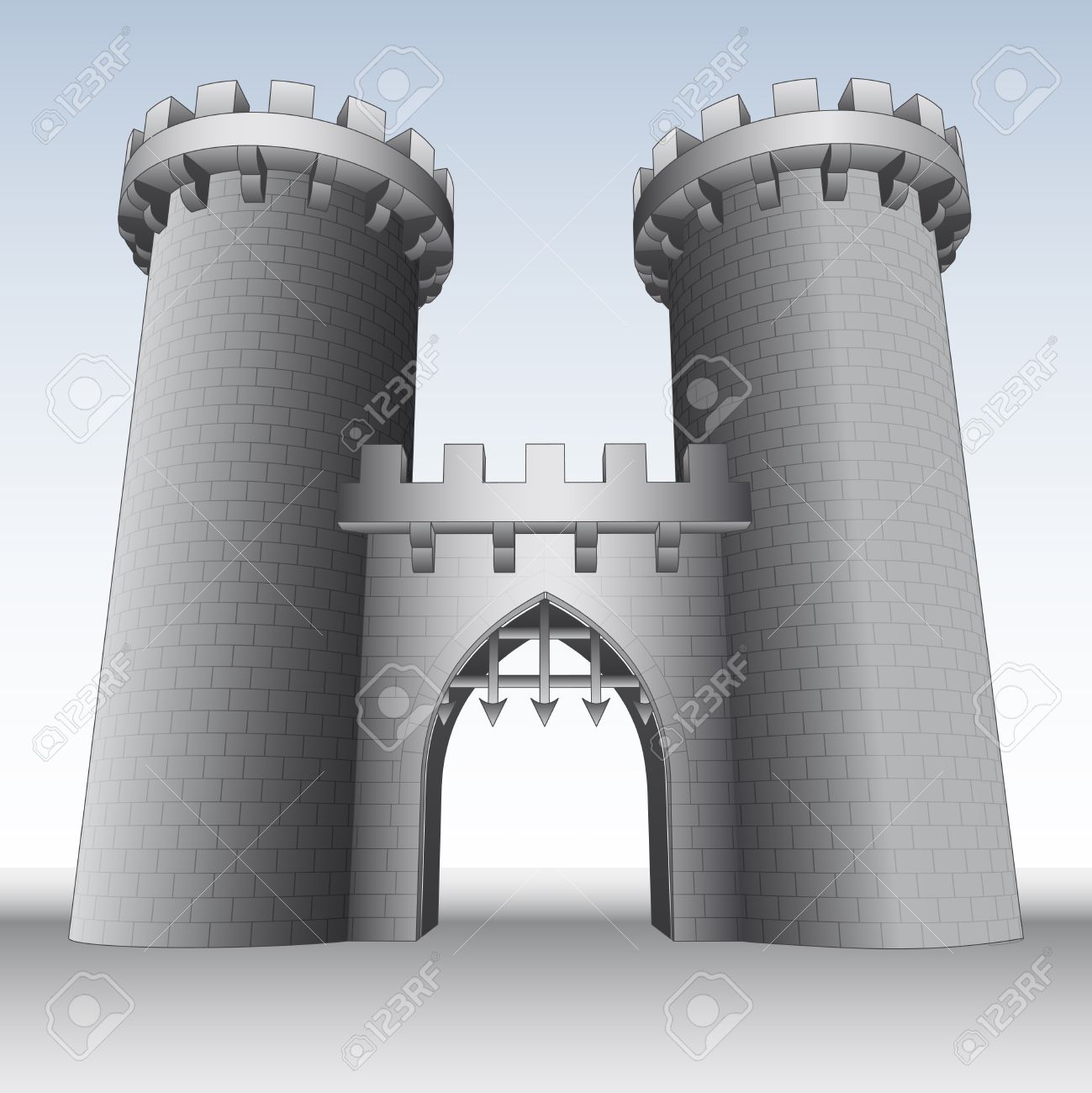 Castle Gate With Two Towers And Sky Illustration Royalty Free.