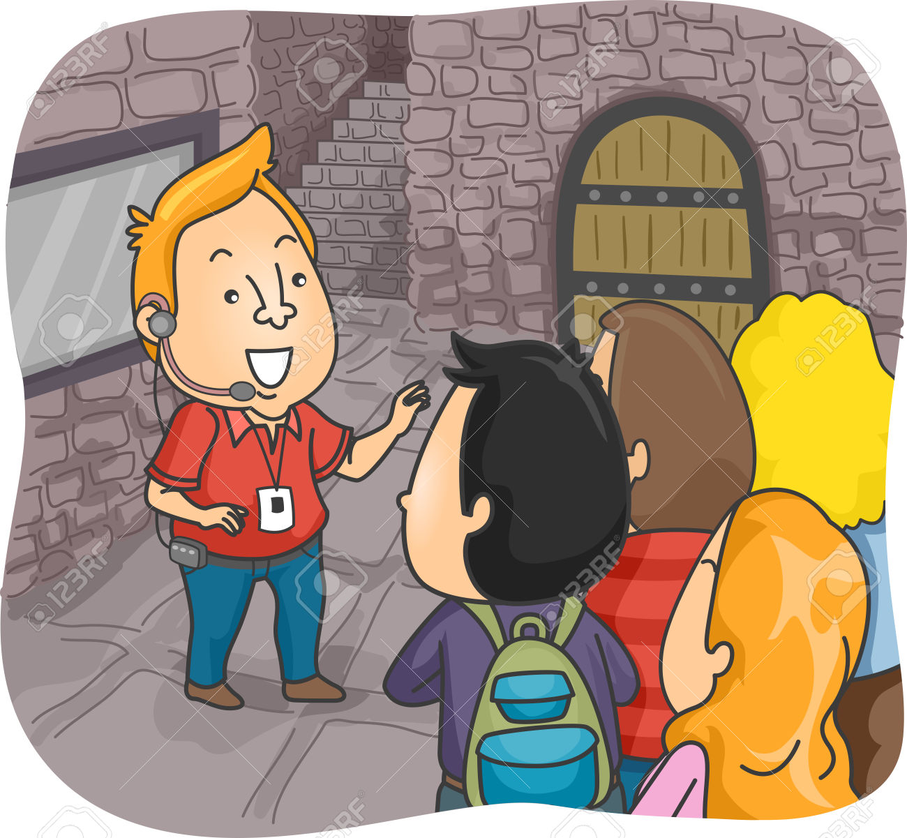 Illustration Of A Tour Guide Guiding A Group Of Tourists Inside.