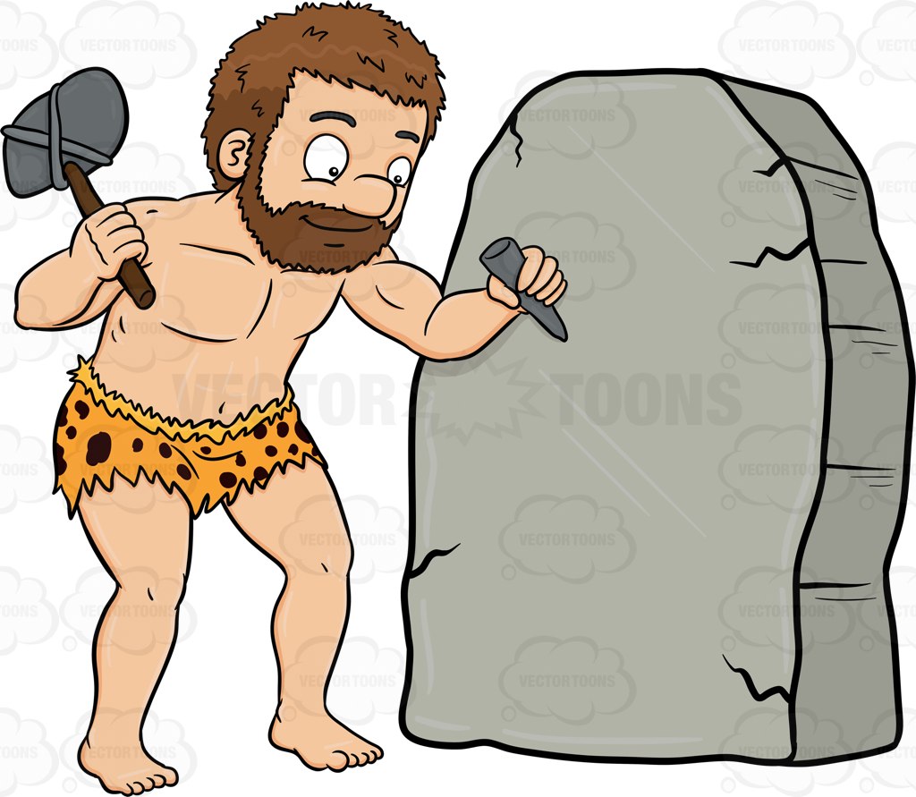 A Caveman Cheerfully Works On A Solid Rock Cartoon Clipart.