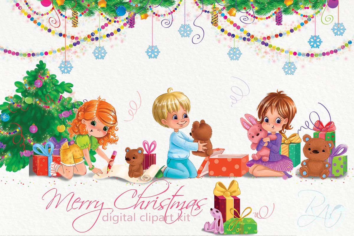 Christmas clipart set with cute kids.