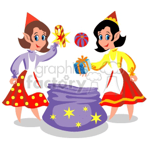 Girl Elves Filling Santa\'s Bag with Christmas Treats clipart. Royalty.