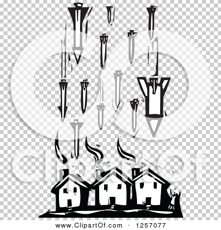 Clipart of a Black and White Woodcut Civilian and Missiles Bombing.