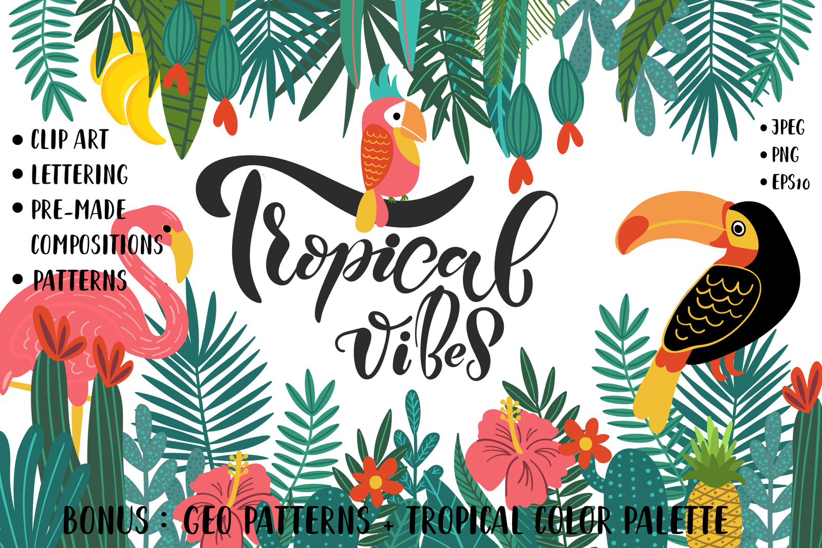 Tropical Clip Art, Lettering & Patterns Set in Design Elements on.