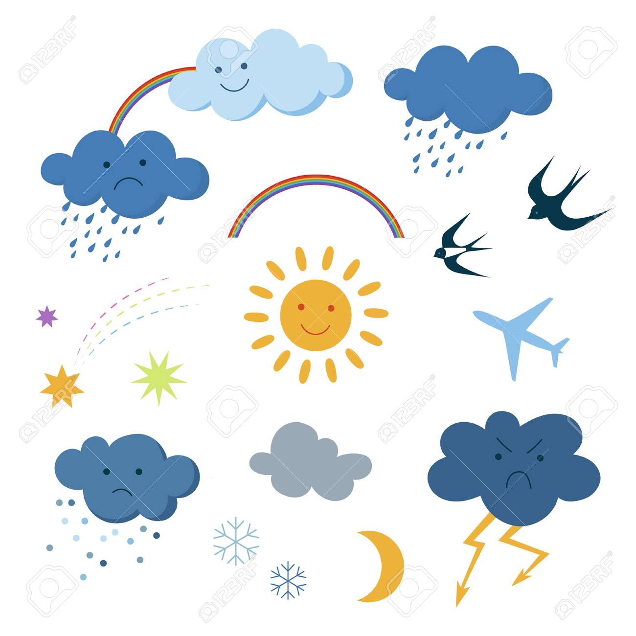 Cute beautiful cartoon sky objects weather forecast set clipart...