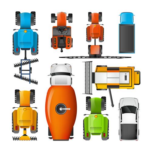 Agricultural Machinery Top View Pictograms Set.