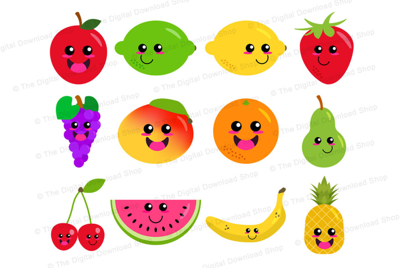 Happy Fruit Clipart, Cute Fruit Graphics, Kawaii Food, Healthy Food.