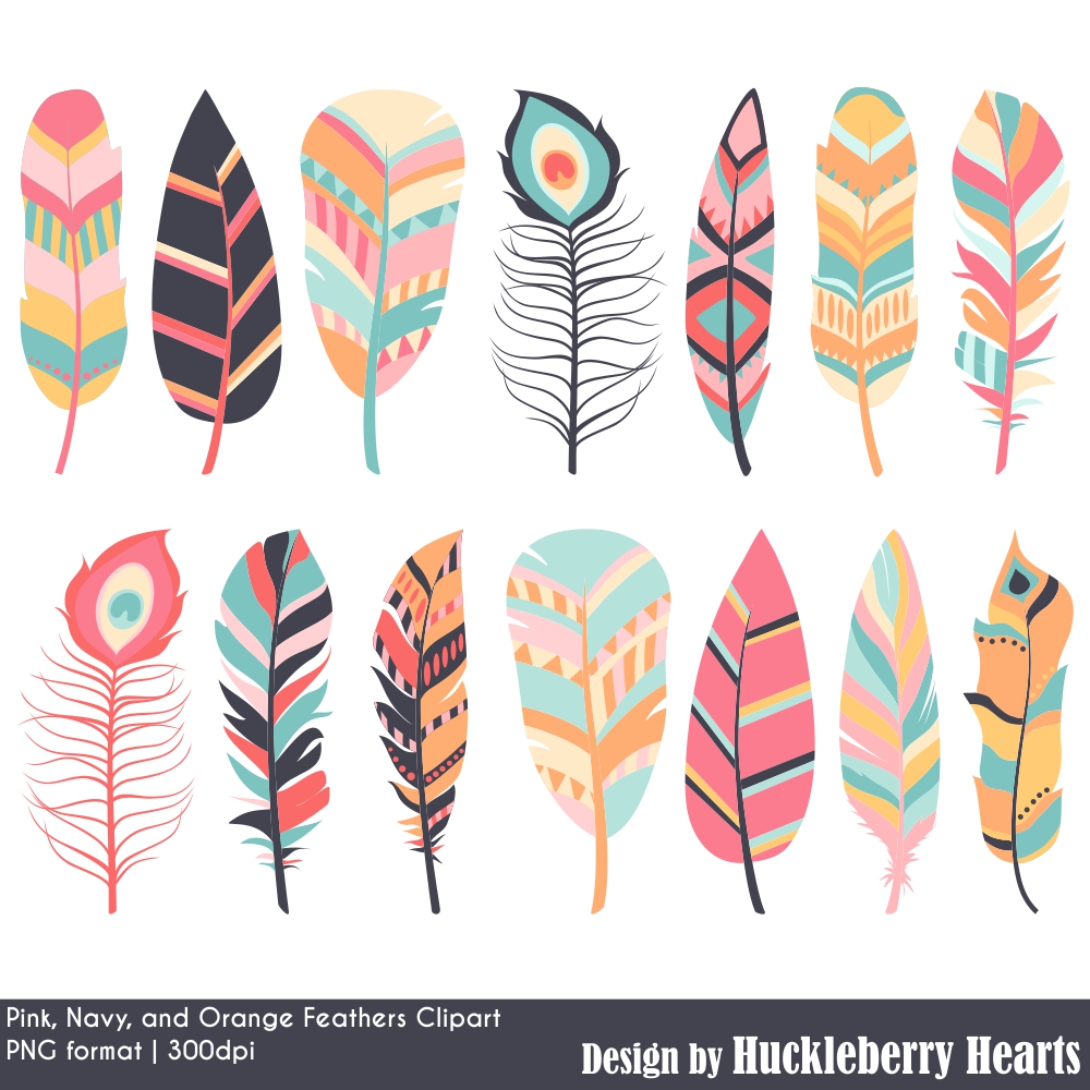 Navy, Pink and Orange Feather Clipart Set.