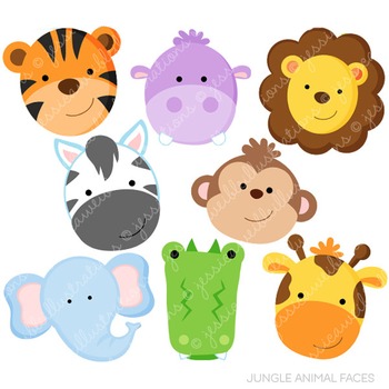 Jungle Animal Faces Cute Digital Clipart, Jungle Clip Art.