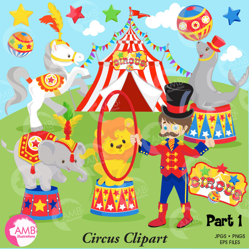 Circus Clipart pack, lion, seal, horse, elephant, Ringmaster, Elephants,  Clowns clipart, commercial use, AMB.