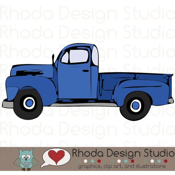 Vintage Pickup Truck Full Side Stamp Digital Clip Art Retro.